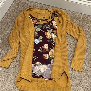 StitchFix mustard cardigan and floral cami top S/M
